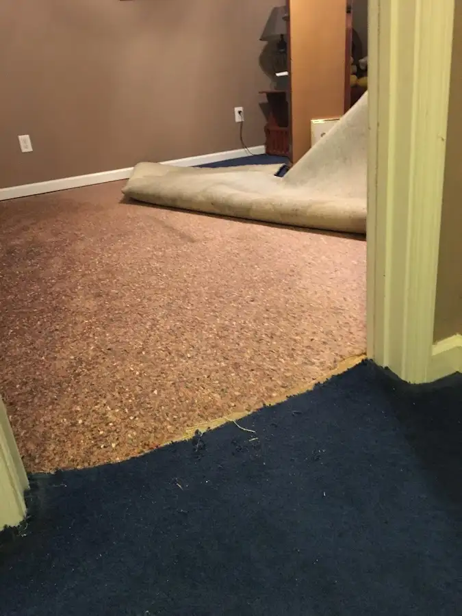 Carpet pad removal revealing water damage during Water Mitigation Services in Oelwein